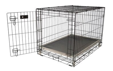 Slimline Crate Bed inside of a Dog Crate with the crate door open