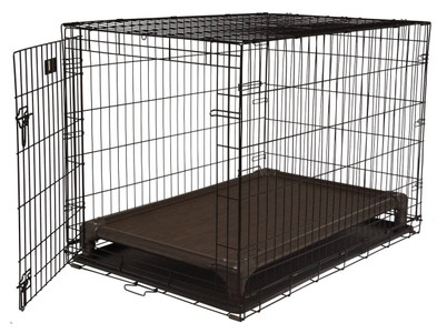 Walnut Frame Crate Bed inside of a Dog Crate with the crate door open